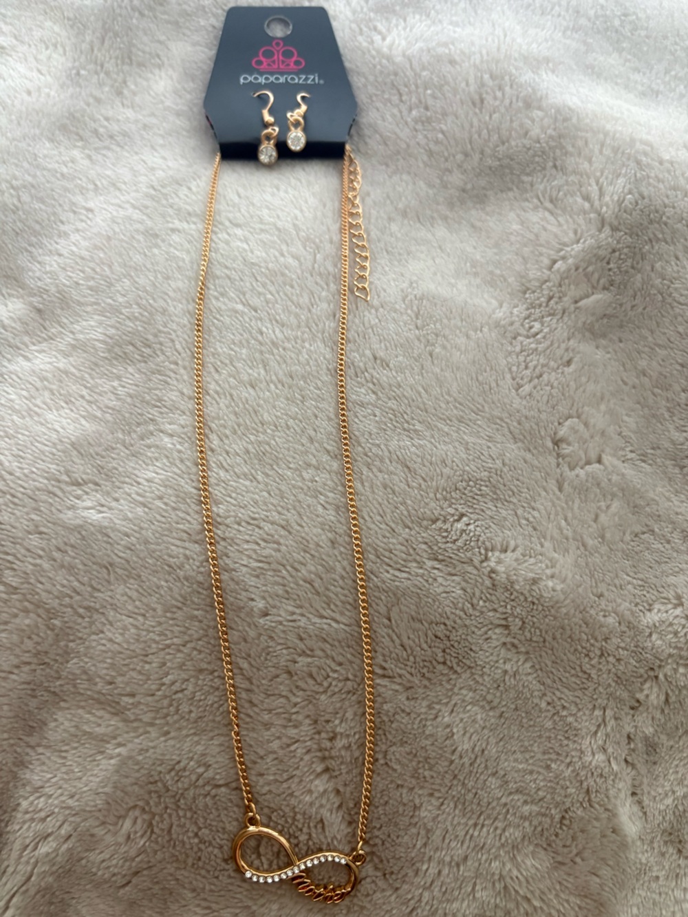paparazzi Gold Infinity Necklace and Crystal Drop Earrings Set
